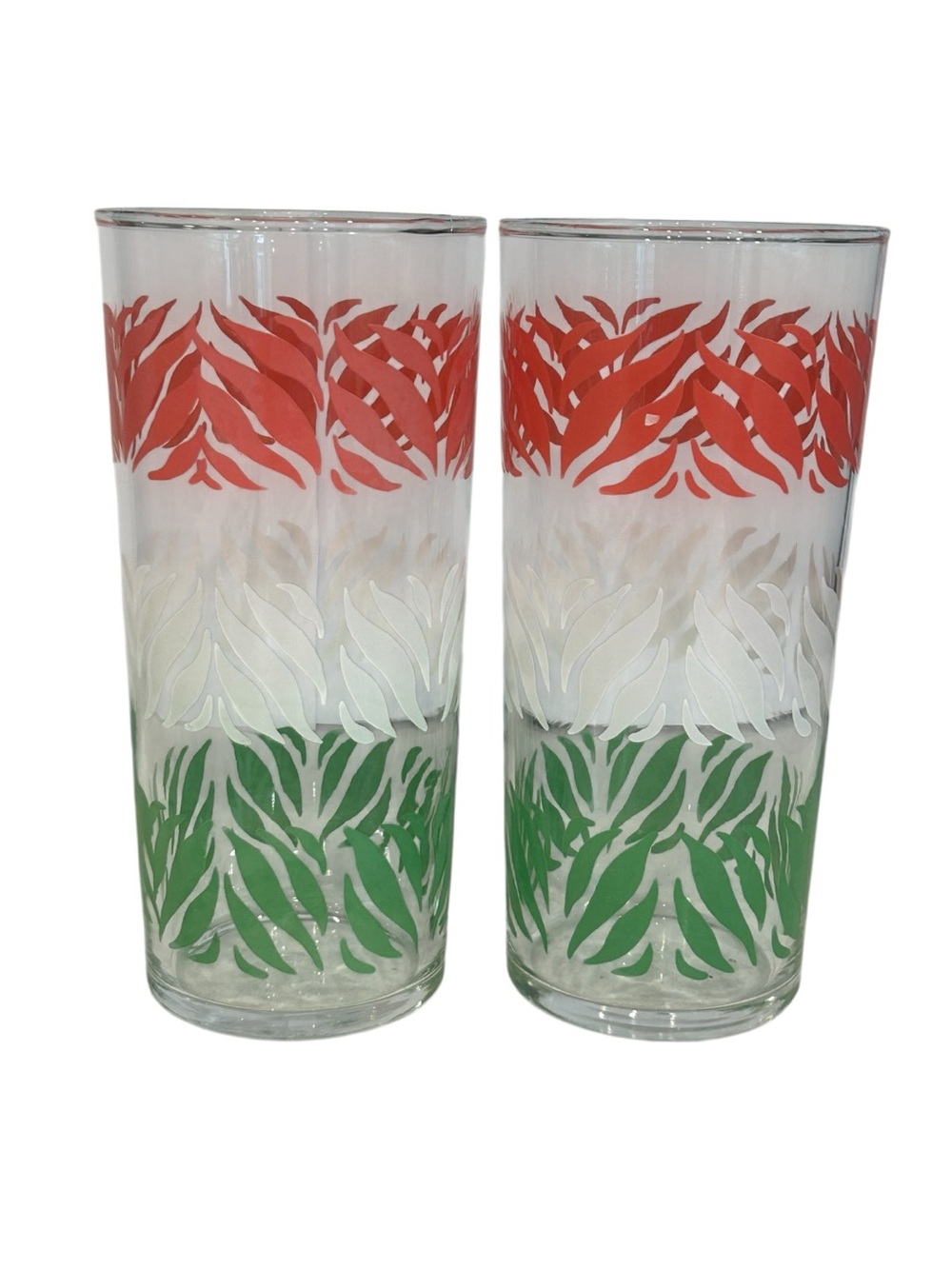 VTG MCM Pastel Fern Drinking Glasses Set of 2 Peach White Green 16 oz Barware